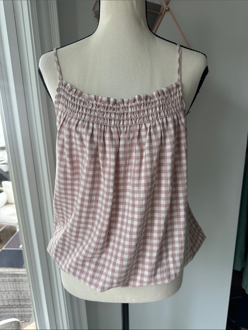 Cute Cottagecore Smocked Gingham Spaghetti Strap Tank Top Blush Pink White Large